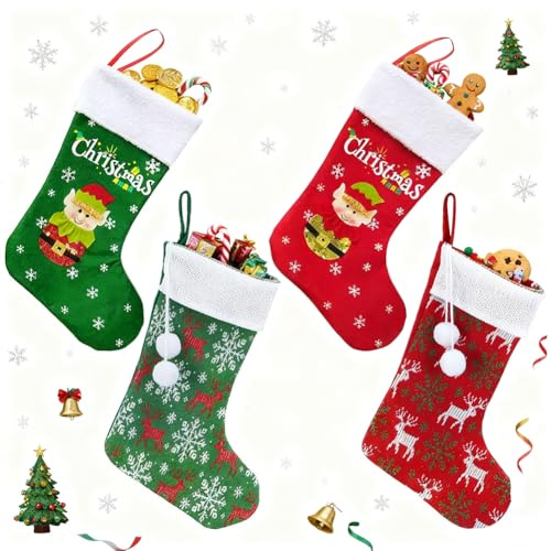 JynxtoyZeal Calcetín Navidad Chimenea 4 Piezas Calcetines Navidad Medias de Navideños Ciervo Elfo Grande Calcetín de Navideños Caramelo Regalo Bolsa Decoraciones Navideña del Árbol(Rojo y Verde)