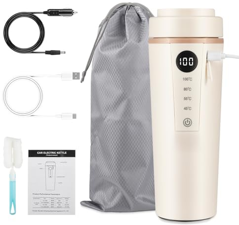 12V Car Kettle 400ml, 316 Stainless Steel Travel Kettle with USB Warm Keep, Boils to 100°C via 12V, USB Keeps 45-80°C, LCD Touch Control Portable Electric Kettle for Truck Camping Office