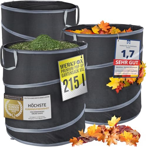 Werkfox® Gartenabfallsack Pop Up, 3 Stück 215L XL Laubsack extrem stabil | Selbststehend für leichtes Befüllen, reißfester Grünschnittsack aus Stoff, 3er Set Abfallsack Garten, Gartensäcke wetterfest