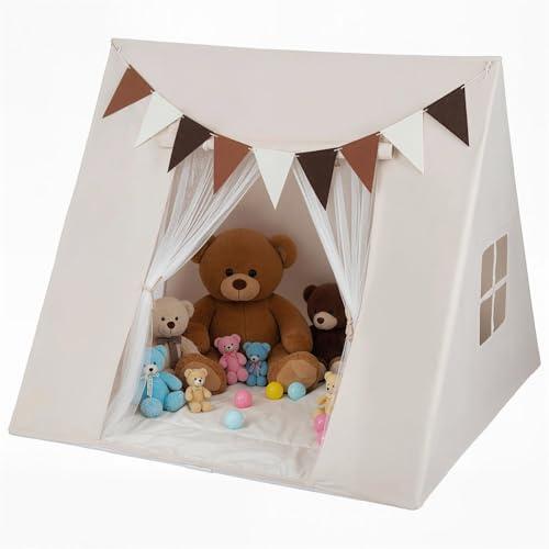 COSTWAY Tienda Campaña Infantil, Casita Infantil Interior con Alfombra Acolchada Lavable, Banderas Coloridas, Casita Niños Tela para Niños de 3+ Años, para Rincón de Lectura, Sala de Juegos
