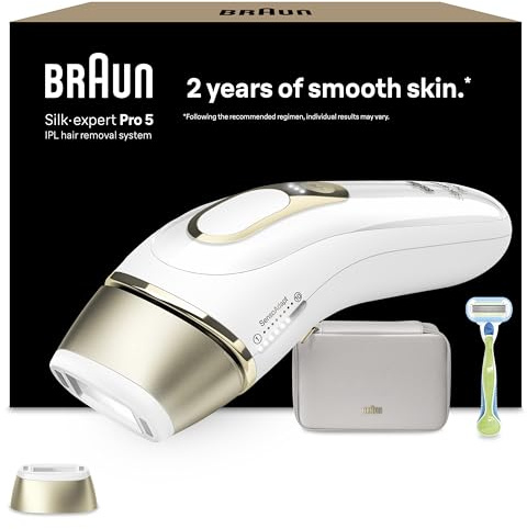Braun IPL Silk-Expert Pro 5, at Home Hair Removal Alternative for Laser Hair Removal, Includes Pouch and Venus Razor, 2 Years of Smooth Skin, Gift for Women, White/Gold, PL5052