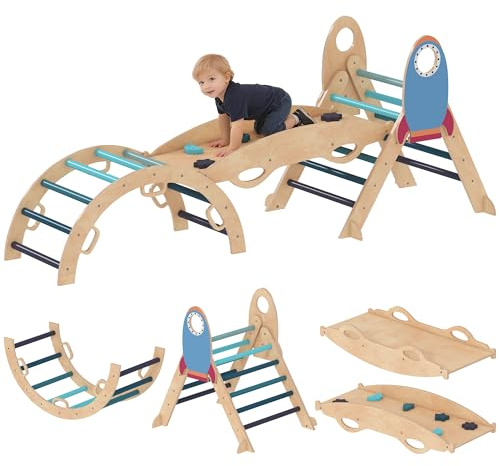 AIYAPLAY 7 en 1 Triángulo de Escalada Montessori, Estructura de Escalada de Madera, Tema de Cohetes, con Arco y Rampa para Deslizarse o Escalar, para Niños de 18-48 Meses, Interiores, Azul