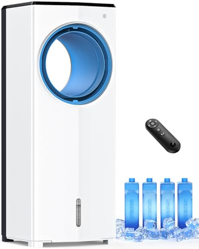 CENSTECH Enfriador evaporativo sin ventanas, enfriador de aire evaporativo sin cuchillas de 27 pulgadas con 4 modos y 3 velocidades, tanques dobles, 4 paquetes de hielo, control remoto de 25 pies