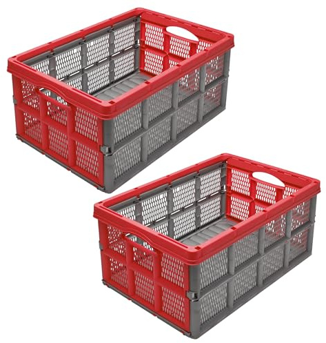 Garronda Klappbox Klappkiste Faltbox 2 Pack 51x34x22 cm GD-0188 Grau/Rot | HDPE, Stapelbar, als Aufbewahrungsbox für Transport, Lagerung und Ernte, vielseitig einsetzbar in Auto, Garten und Haushalt