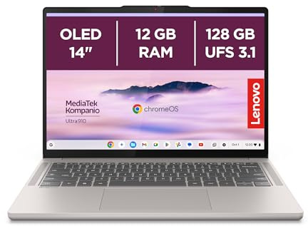 Lenovo Chromebook Plus 14 Notebook OLED WUXGA (1920x1200), 128GB eMMC, 12GB RAM, Wi-Fi7, MediaTek Kompanio U910, ChromeOS - Seashell