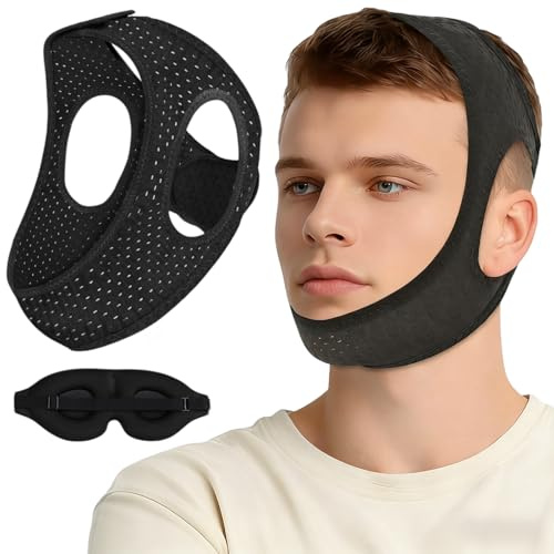 Ceriselle Anti-snarkning, sömnapnépannband, justerbart med ögonmask, bekväm lösning mot snarkning, andningsbar mask