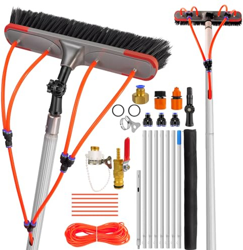 23ft Water Fed Telescopic Cleaning Pole, 7M Extendable Window Cleaning Brush Kit with Hose Fed Swivel Head, High Reach Window Cleaner for Solar Panels, Conservatory Roofs & House Exterior Surface