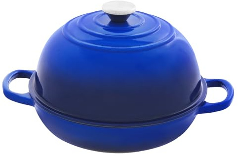 Pentola in ghisa per cuocere il pane, 2,2 l, smaltata, con coperchio e manici, pentola per il pane da 26,6 cm, casseruola in ghisa per stufare, arrostire, cucinare (blu)