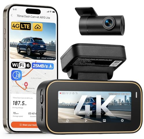 70mai A810 Lite Dash Cam Auto 4K, Doppia Telecamera Auto Senza scheda SD | Support 4G LTE, F1.55, Visione Notturna, Parcheggio 24/7, Supercondensatore, Sensore G, WiFi 6(25MB/s), Scheda da 64GB