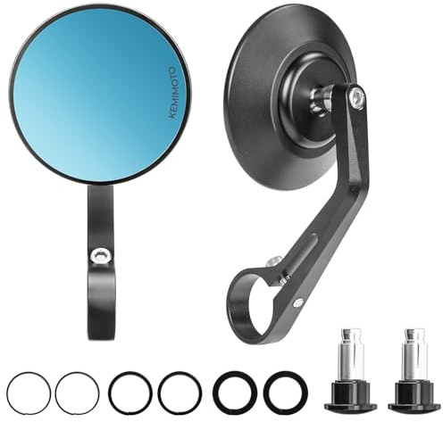 KEMIMOTO Motorcycle Bar End Mirrors, CNC Aluminum 7/8 Handlebar Rearview Mirrors with Blue Anti-Glare Lens, Universal Fit for Motorcycles, E-bikes, Scooters, ATVs - Round Design for Clear & Wide View
