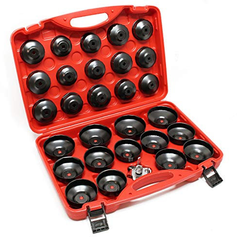 Wiltec Ölfilterkappen Set 29-teilig, Ölfilterschlüssel 65-105 mm, inklusive Ölfilterspinne, im Werkzeugkoffer, Ölwechsel Werkzeug aus Carbonstahl