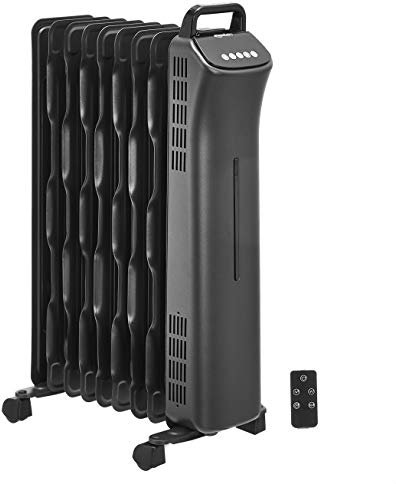 Amazon Basics Portable Oil-Filled Digital Radiator Heater with ECO function and Remote Control, 2000W, UK Plug, 9 Fins, Black