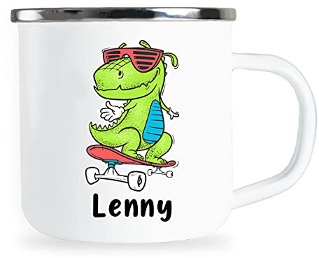 Lenny Personalisierte Kindertasse mit Name und lustigem Dinosaurier Motiv Emaille Tasse individuelle Geschenke Kind Geburtstag Junge Mädchen Metallbecher Emailletasse Geschenkidee