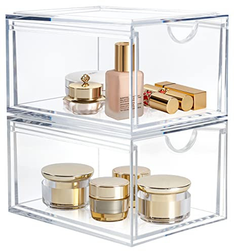 AMEITECH Stapelbare Kosmetik-Organizer-Schubladen, Transparenter Acryl-Make-up-Organizer, Schminkbehälter-Schublade für Kosmetik, Hautpflege, Haarschmuck, Badezimmertheke oder Kommode - 2er Pack