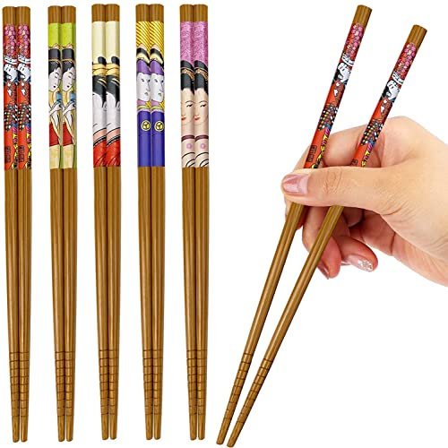 Juego de 5 pares de palillos chinos de madera, Palillos japoneses reutilizables de madera Naturales, Ideal para sushi, fideos, arroz o cocina Asiática (con patrón ukiyo-e)