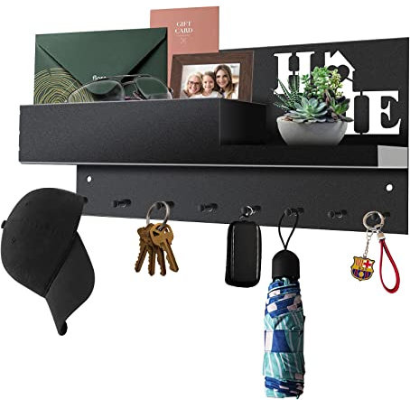 MaxAwe Edelstahl Schlüssel Aufbewahrung, Schwarz Schlüsselbrett mit Ablage, Wand Schlüsselboard Schlüsselhalter mit 8 Haken, Schlüsselbrett Organizer für Wohnzimmer Flur Büro