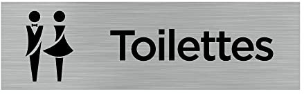 Signalétique.biz France - Plaque de porte TOILETTES HOMMES FEMMES (Q0065) - 170 X 50 mm - Plaque aluminium brossé de 2mm