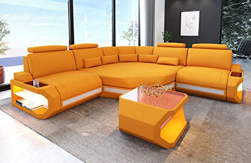 Stoffsofa Asti Mini - mit LED Beleuchtung, verstellbare Kopfstützen, Ottomane/Mikrofaser/Ausrichtung wählbar (Weiss-Aprico)