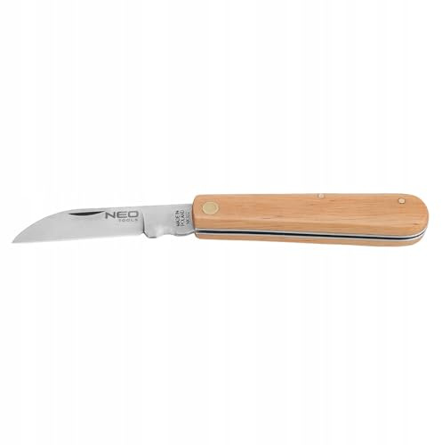 NEO TOOLS Montagemesser, Holzschalen, klappbarer Körper, Klingenlänge 80 mm | Klinge aus rostfreiem Stahl, Abisolierklinge, Griff mit Holzschalen, Holzart, Erle, FSC-zertifiziert
