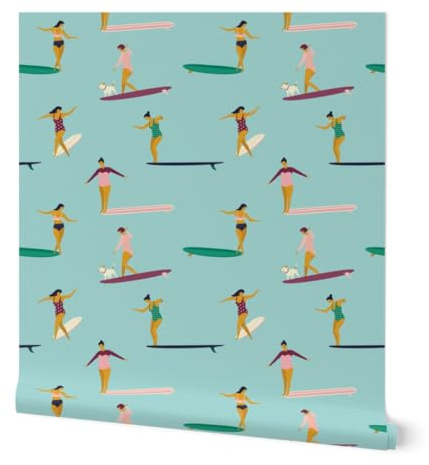 Peel & Stick Wallpaper Swatch - Surfing Girl Surf Board Blue Sea Hawaii Surfers Light Aqua Custom Removable Wallpaper by Spoonflower