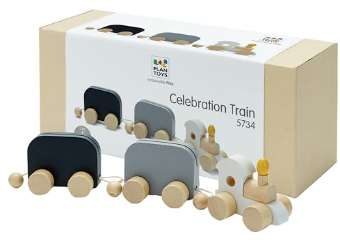 PlanToys Geburtstagszug Holz - mit Platz für Bilder und eine Kreidetafel - Geburtstag Baby Personalisierte Geschenke - 3-teiliges Set Zug Spielzeug