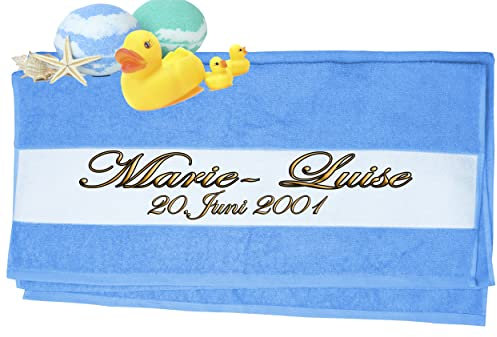 Handtuch personalisiert mit Namen & Geburtsdatum bedruckt| Duschtuch, Badetuch, Saunatuch, Sporthandtuch| Frottiertücher |Geburtstag persönliches Geschenk Idee | Größe:50x100cm (Hellblau)