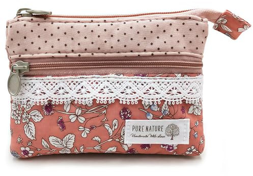 GUXL Women Small Zipper Coin Purse, Handmade Fabric Flower Embroidered Change Pouch, Cotton Double Zipper Wallet