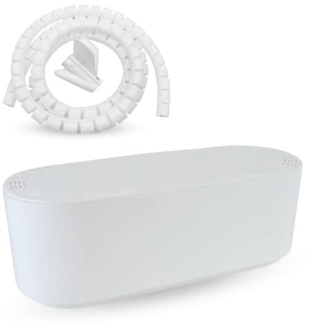 Kabel-Organizer, Kabelkanal, mit Deckel, versteckt Kabel und Steckdosen, inklusive Spiralrohr, 1,5 m, Weiß, Gehäusemaße: 32,3 cm x 12,3 cm x 11,3 cm.