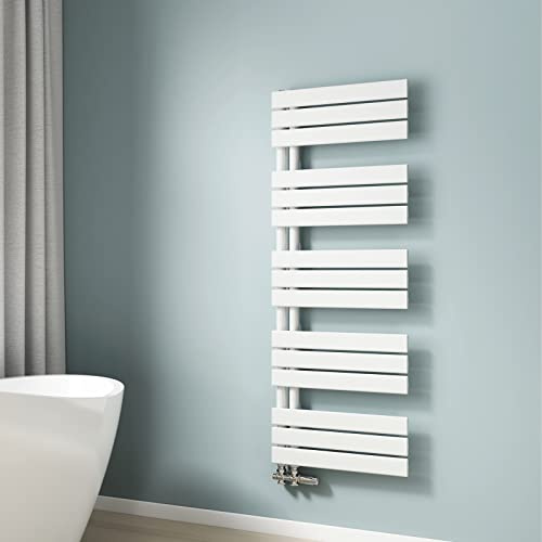EMKE Scaldasalviette termoarredo piatto, Termoarredo da Bagno, 1320 x 500 mm, bianco, collegamento laterale, 661W, radiatore scaldasalviette ad acqua calda