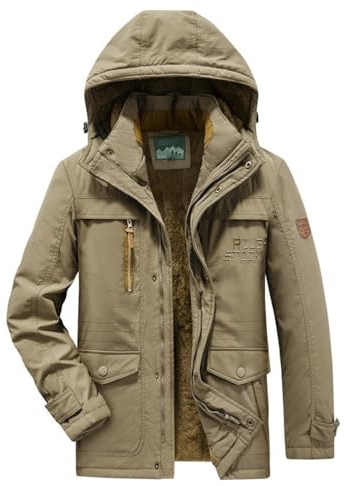 Herr bergsskidjacka vindjacka vindtät regnrock vinter varm snörock med avtagbar huva, Khaki, 3XL