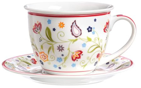 Ritzenhoff & Breker Shanti Café au Lait Tasse mit Untertasse, 350 ml, Milchkaffeetasse und Milchkaffeeuntertasse mit floralem Blumen-Dekor, Porzellan, Bunt