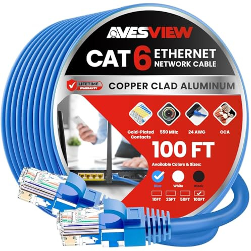 AvesView CAT 6 Ethernet Cable 100 FT, Indoor High-Speed 10Gbps Snagless Long CAT6 Internet Cable 100FT for Network, Router, Modem, Gaming, PlayStation, Xbox, POE Camera, Blue