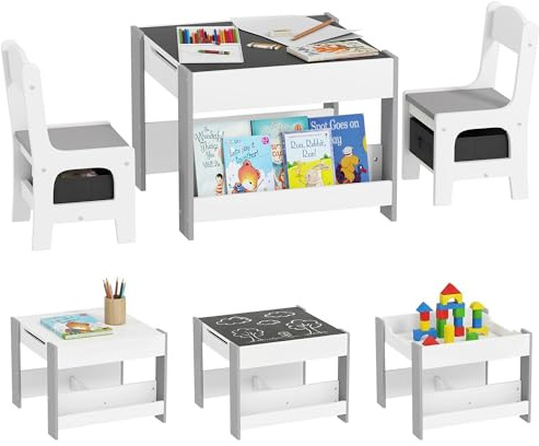 HOMCOM - Juego de 3 Piezas para Mesa y 2 sillas para niños con Mesa Reversible, Mesa Negra, Cesta de Almacenamiento, estanterías, Color Gris