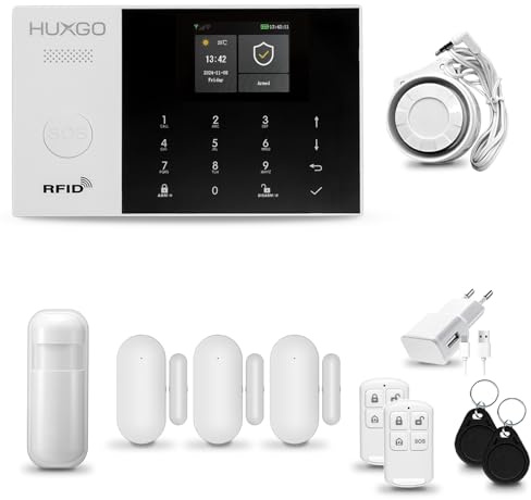 HUXGO® HXA005 Allarme casa senza fili WiFi + GSM con Sirena | Kit allarme con 1x rilevatore di movimento, 3x sensori per porte e finestre, telecomando |TUYA Smartlife App