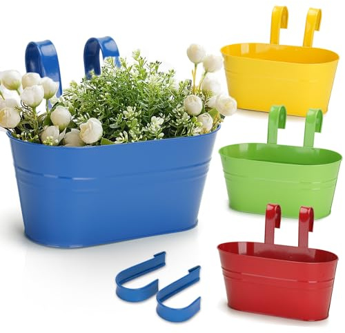 KINGLAKE 4 vasi per piante da appendere, in metallo, 27 cm, colorati, da appendere, per balconi, ringhiere, esterni, giardino, decorazione per la casa, con ganci staccabili (multicolore