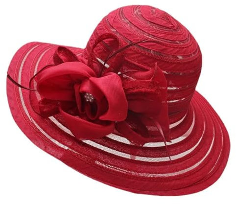 Sommerhut für Damen, Organza, breite Krempe mit großer Blume, Fedora-Hut, elegant, für Hochzeit, Kirche, Party, rot, Einheitsgröße