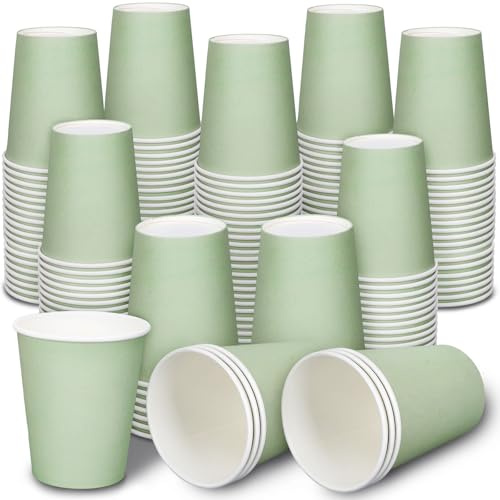 JarThenaAMCS Lot de 200 tasses à café jetables en carton vert sauge de 255 ml pour vacances, mariage, fête prénatale, fête d'anniversaire