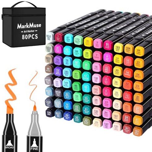 MarkMuse Filzstifte Marker Set, 80 Farben Alkohol Marker mit Feinspitze & Breitspitze, 2-Sekunden Schnelltrocknend, Alkohol Stifte mit Anti-Seepage Abstandshaltern für Malerei, Design