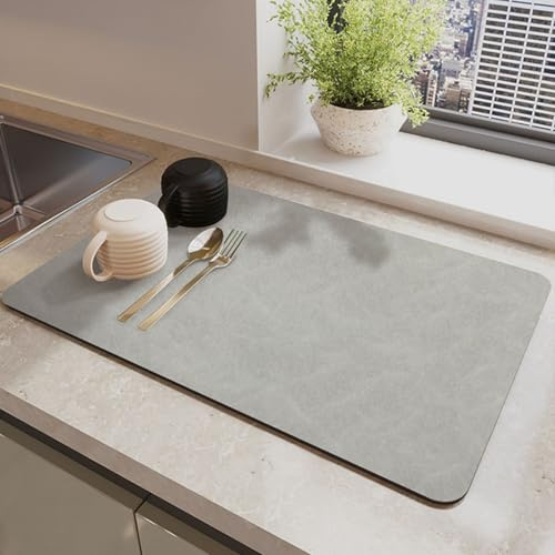 Dish Drying Mat for Kitchen Counter, 40*50 cm Super Absorbent Coffee Machine Mat with Non-Slip Rubber Backed, Kitchen Draining Mat for Dish Rack & Coffee Bar (Silver Gray, 40*50 cm)