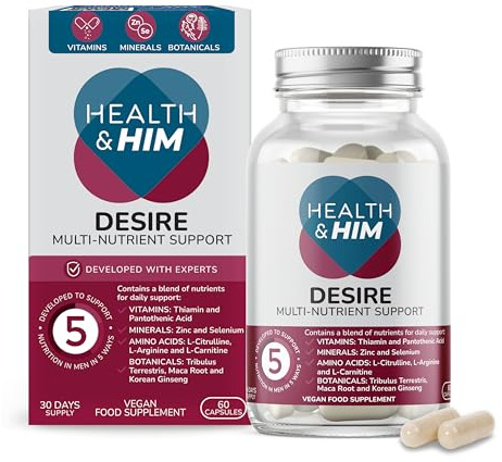 Health & Him Desire Supplements for Men - 60 Capsules - Supplements for Men with Maca Root & Korean Ginseng - Vegan, Gluten-Free
