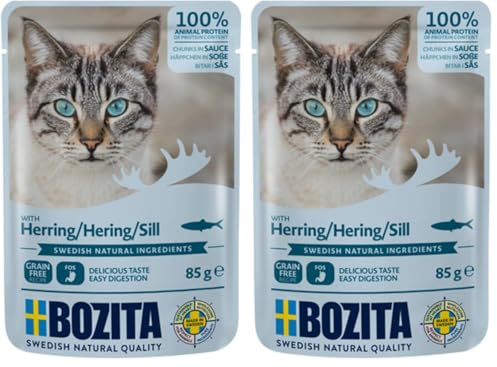 BOZITA Nassfutter Häppchen in Soße mit Hering 12x85g Pouch Portionsbeutel - getreidefrei - für Erwachsene Katzen (Packung mit 2)