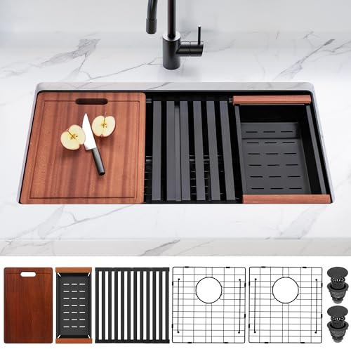 MILOSEN Black Double Bowl Kitchen Sink, 30x18 Inch T304 Stainless Steel Undermount Workstation Sink, 50/50 Double Bowl 10 Inch Deep Handmade Kitchen Sinks, Undermount Black Sinks with Accessories