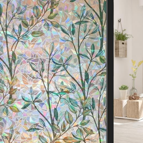 ConCus-T Stained Glass Window Film 3D Rainbow Glass Door Film Decorative Leaf Window Privacy Film Static Cling Reusable, 44.5 x 200 cm