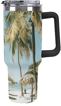 Tasse isotherme en acier inoxydable de 1,2 l avec poignée, motif palmiers sur la plage, bouteille d'eau en acier inoxydable, résistante à la chaleur, anti-fuite, convient pour les porte-gobelets de