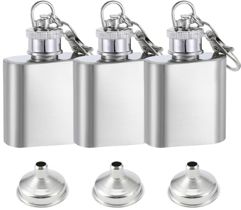 Thatyro 3 Stück 30 ml Mini-Edelstahl-Flachmann mit Trichter, tragbarer Taschen-Flachmann mit Schlüsselanhänger, kleine Metall-Whiskey-Flasche, Weinflasche für Männer und Frauen, Likör, Hochzeiten