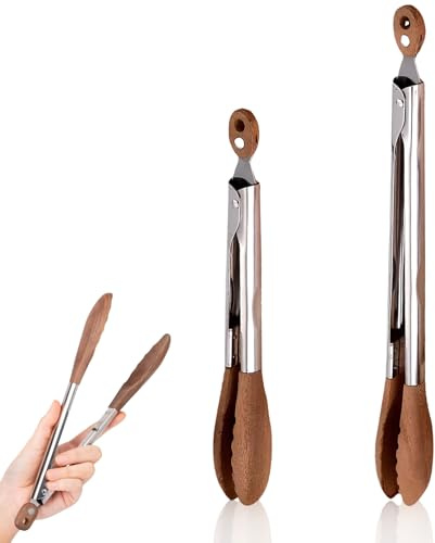 Xanadued 2 Pack Walnut Wooden Tongs for Cooking, 12 & 9 Inch Wood Salad Tongs for Serving, Stainless Steel Kitchen Utensils