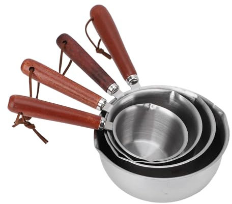 Pour Oil Small Pot, Stainless Steel Double Boiler Pot with Wooden Handle, Small Sauce Pot for Heating Milk Cooking Porridge, Fast and Even Heating, 4pcs