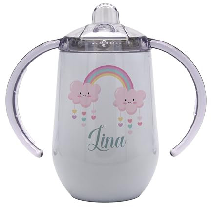 Marquage Unique Tasse d'Apprentissage Bébé avec Anses, Gobelet Isotherme Personnalisable, Motif Nuages et Arc-en-ciel, Gourde isotherme personnalisée au Prénom