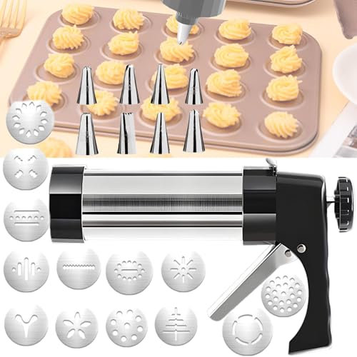 Cake Spreading Machine,Biscuit Maker Kit - Stainless Steel Cookie Press Gun with 8 Piping Nozzles & 13 Biscuit Discs - Cake Decorating Tools for Birthdays, Weddings, Anniversaries & Parties
