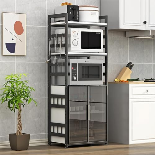 Meuble de rangement autoportant pour cuisine – Étagères réglables, porte en verre, design peu encombrant – Parfait pour la salle à manger, le salon, le bureau – Grille de four à micro-ondes et armoire